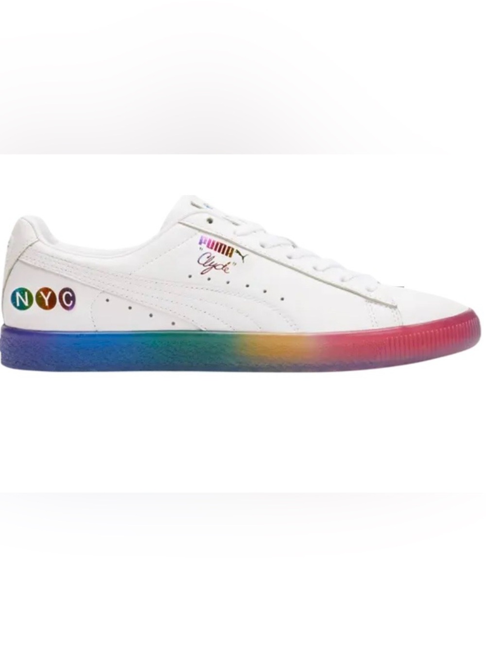Puma Mens White Leather Sneakers with Rainbow Gradient Sole NYC PATCH